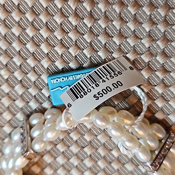 Honora Fresh Water Oval Cultered Pearl Bracelet 3 strand w 3 Swarovski CZ Bars - Picture 7 of 7